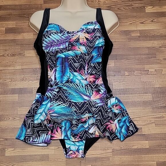 Heat Feather Print Skirted Swim Suit Top Size Large - Picture 1 of 15
